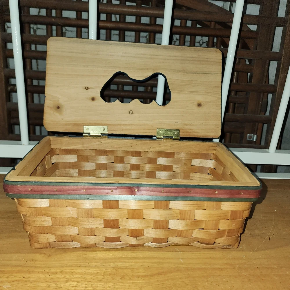 Tissue box Basket holder red, white & blue motif on top. Great shape as shown.